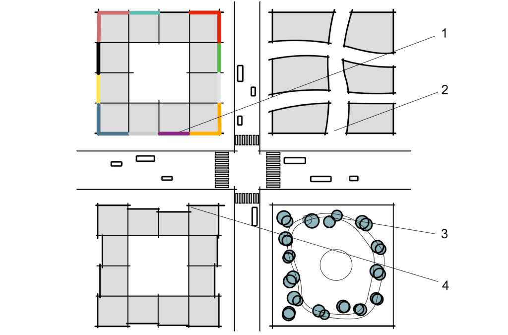 Skitse af 4 bykvarterer med forskellige udformninger og farver